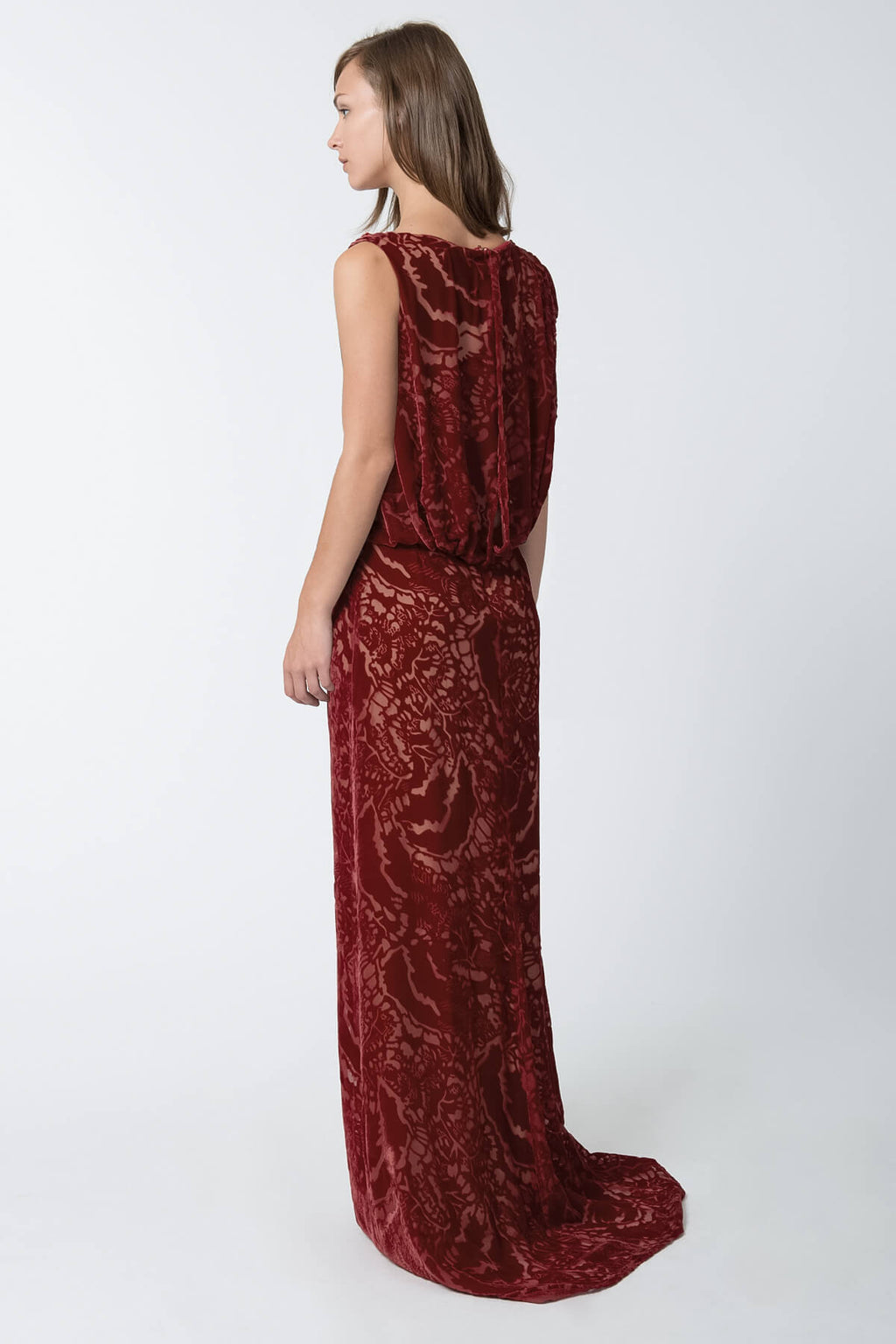 Cut Velvet Blouson Back Gown in Carmine