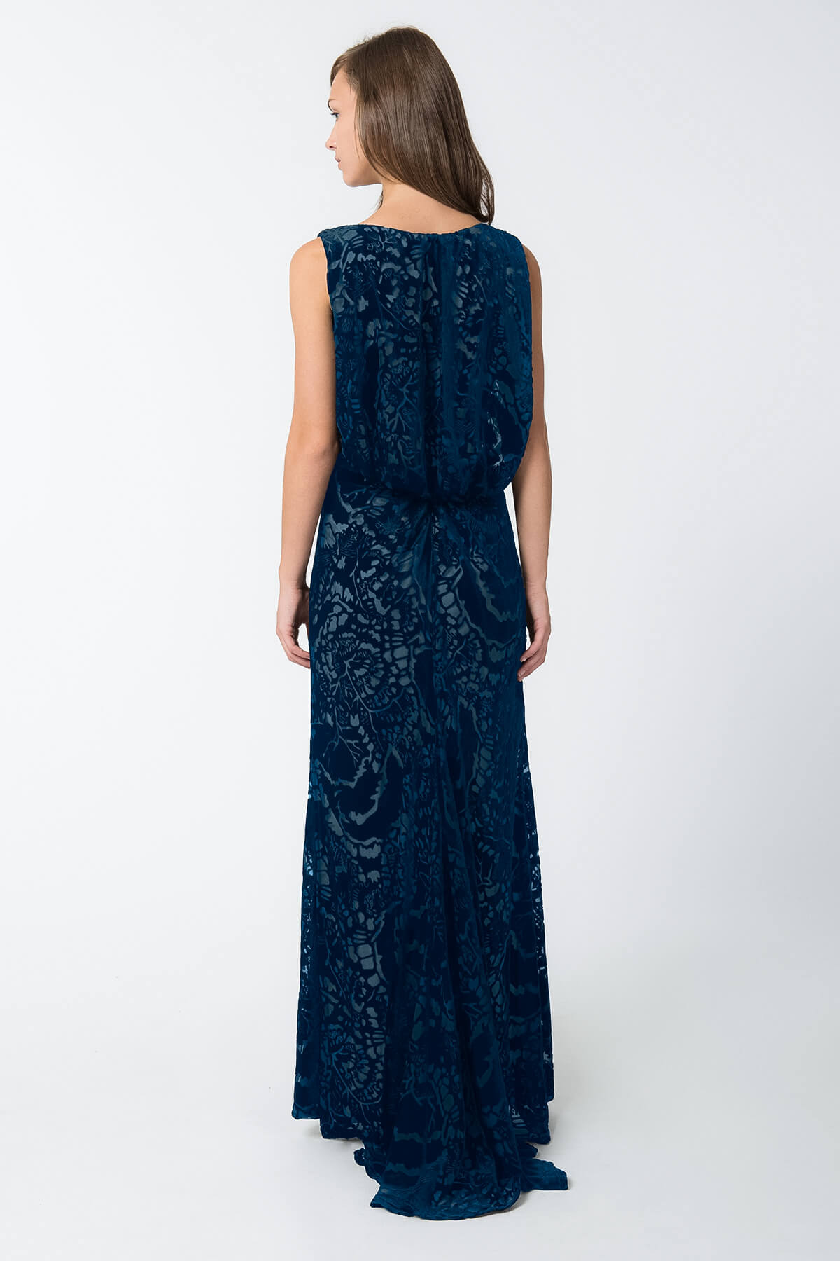 Cut Velvet Blouson Back Gown in Prussian Blue