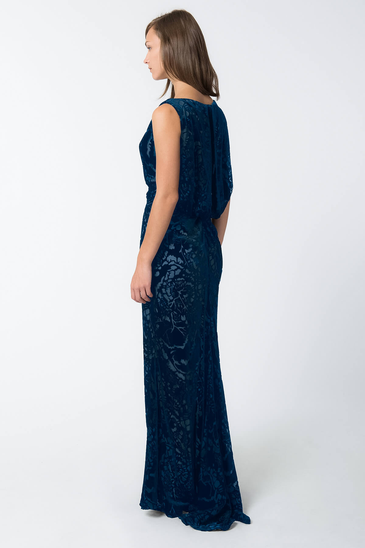 Cut Velvet Blouson Back Gown in Prussian Blue