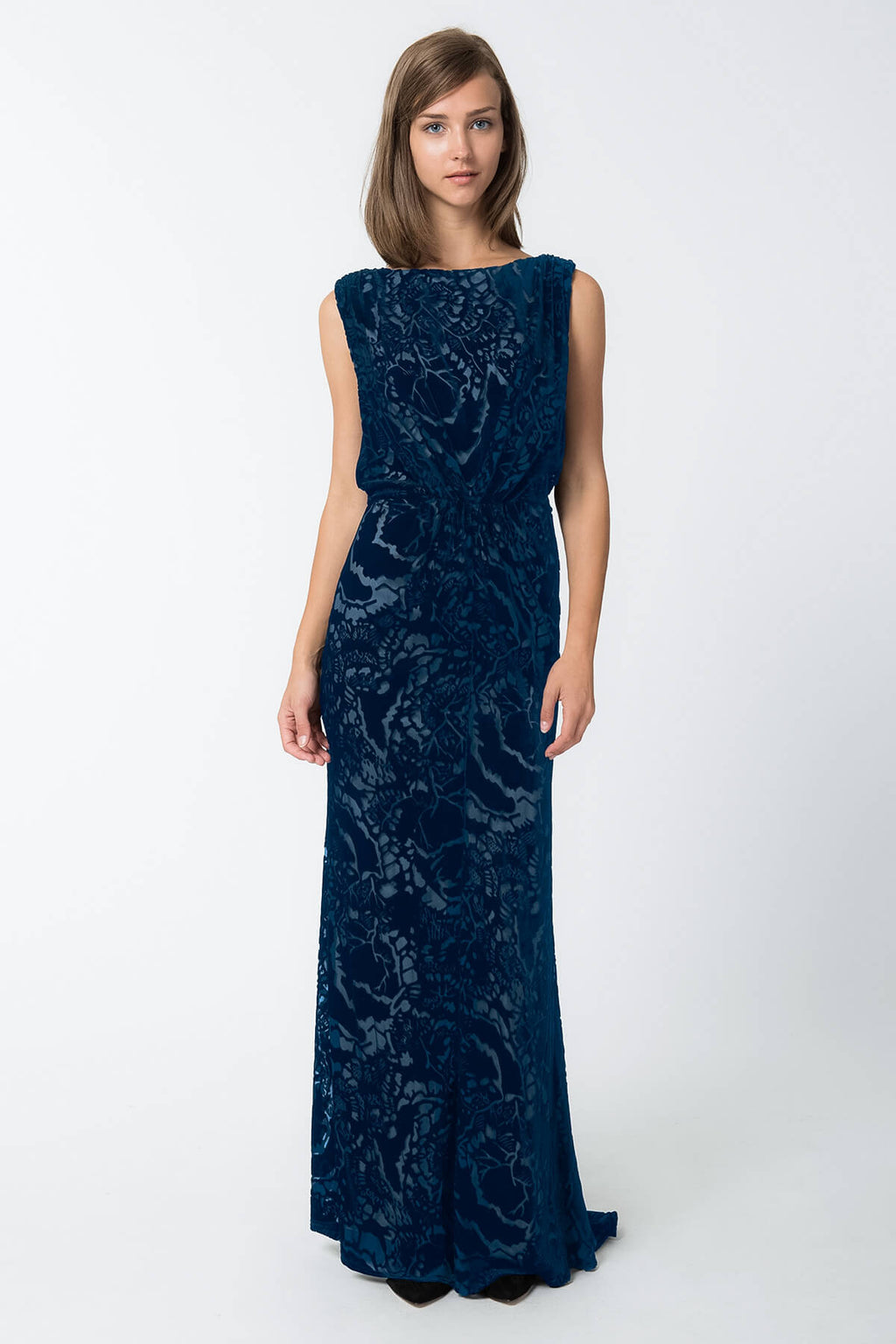 Cut Velvet Blouson Back Gown in Prussian Blue