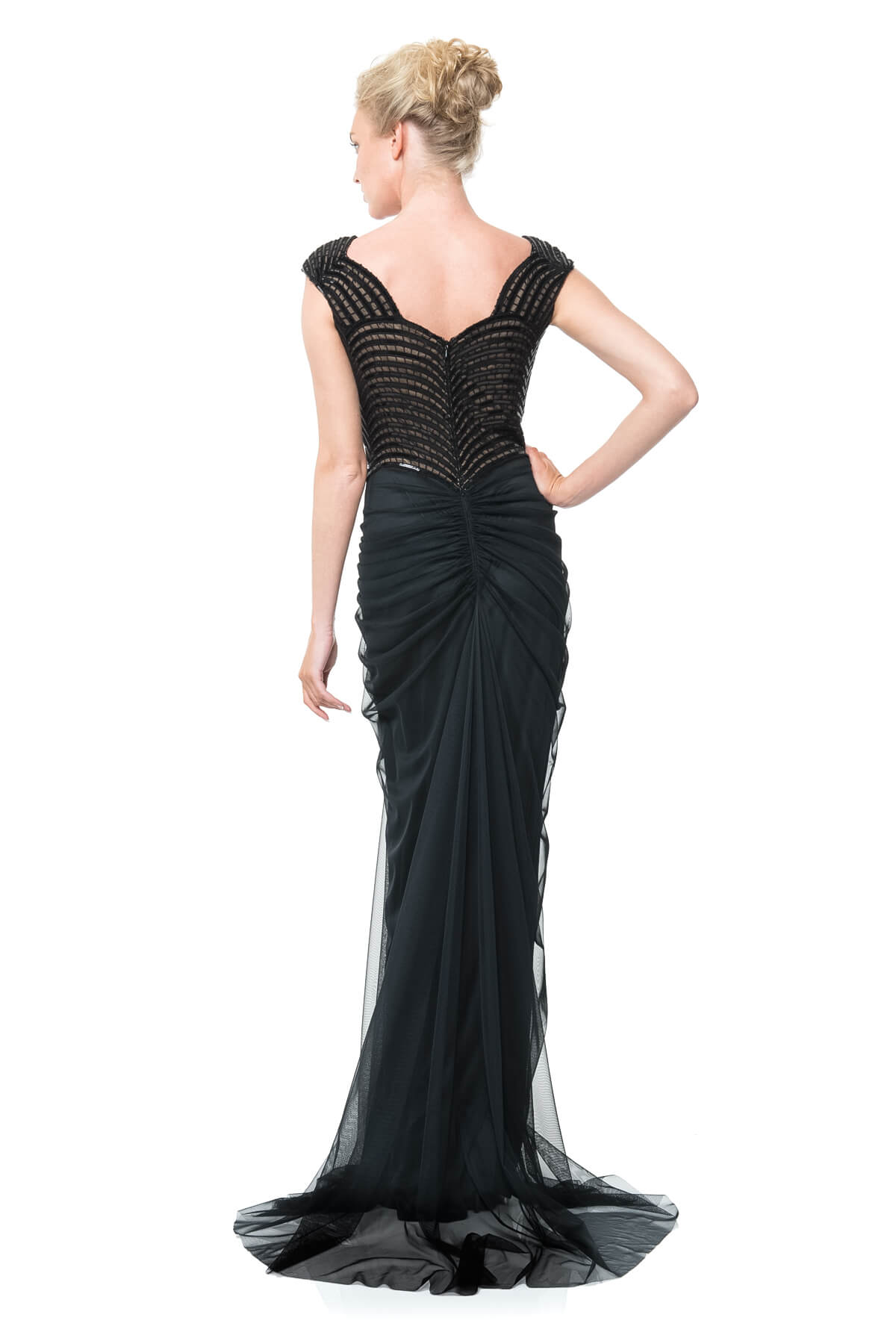 Sequin Embellished Draped Tulle Gown