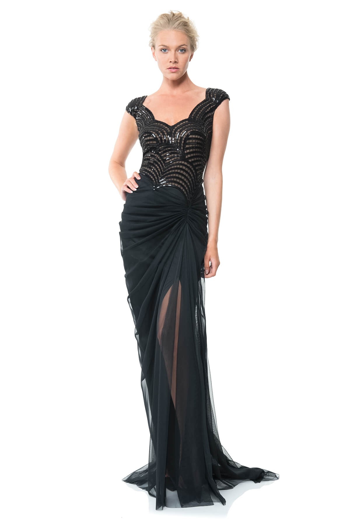 Sequin Embellished Draped Tulle Gown