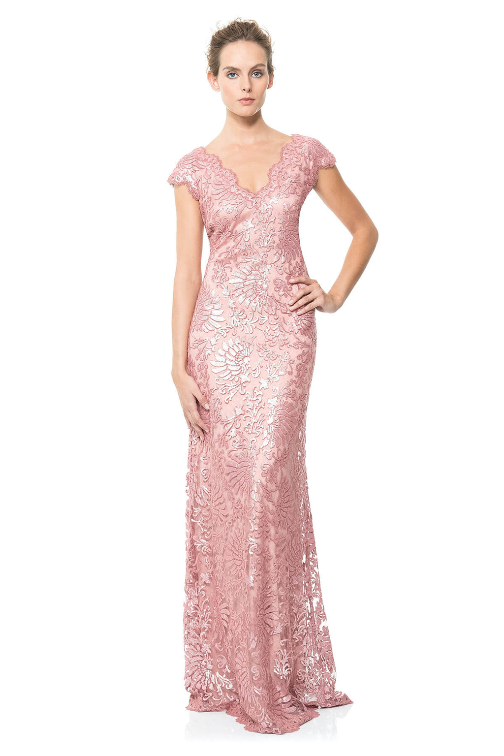 Paillette Embroidered Lace V-Neck Gown