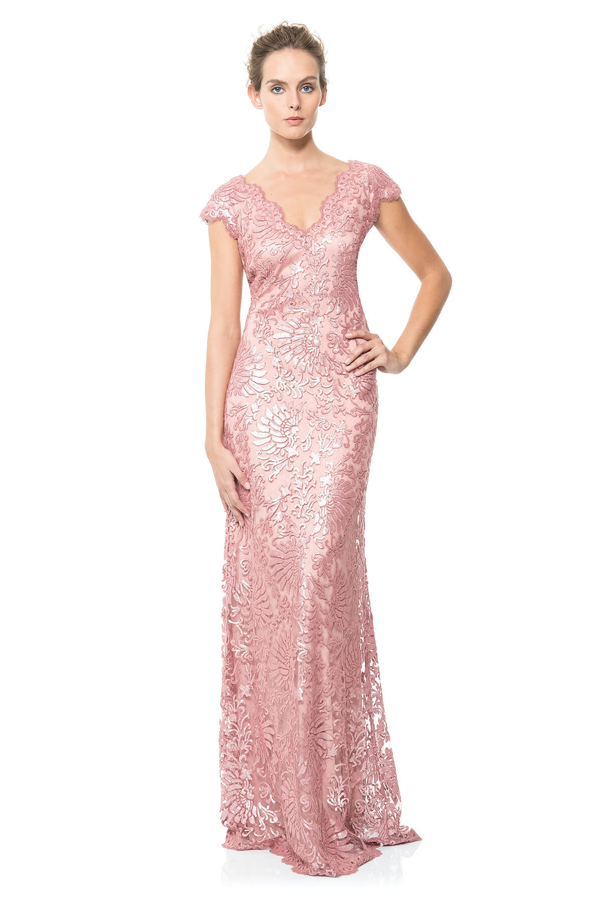 Paillette Embroidered Lace V-Neck Gown