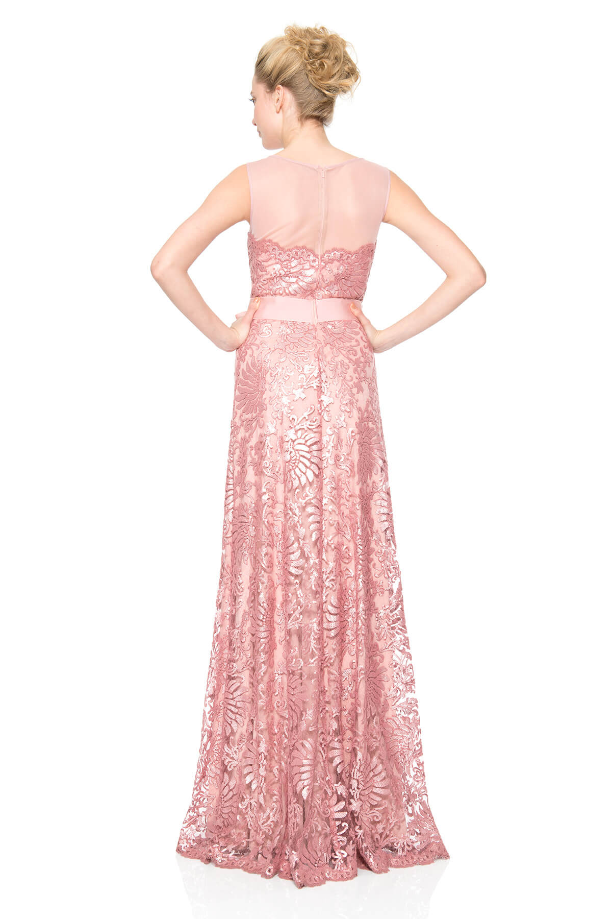 Mesh Illusion Paillette Embroidered Gown