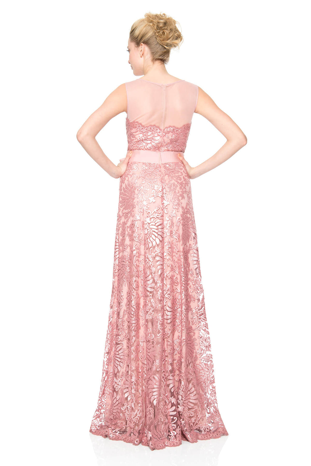 Mesh Illusion Paillette Embroidered Gown