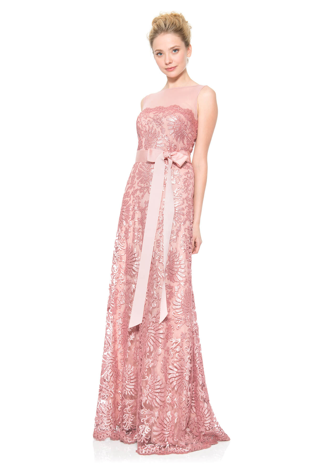 Mesh Illusion Paillette Embroidered Gown