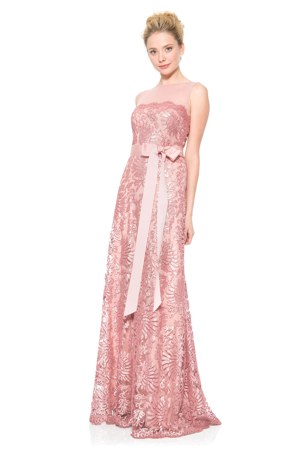 Mesh Illusion Paillette Embroidered Gown