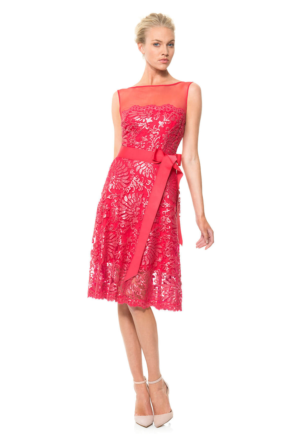Mesh Illusion Paillette Embroidered Dress