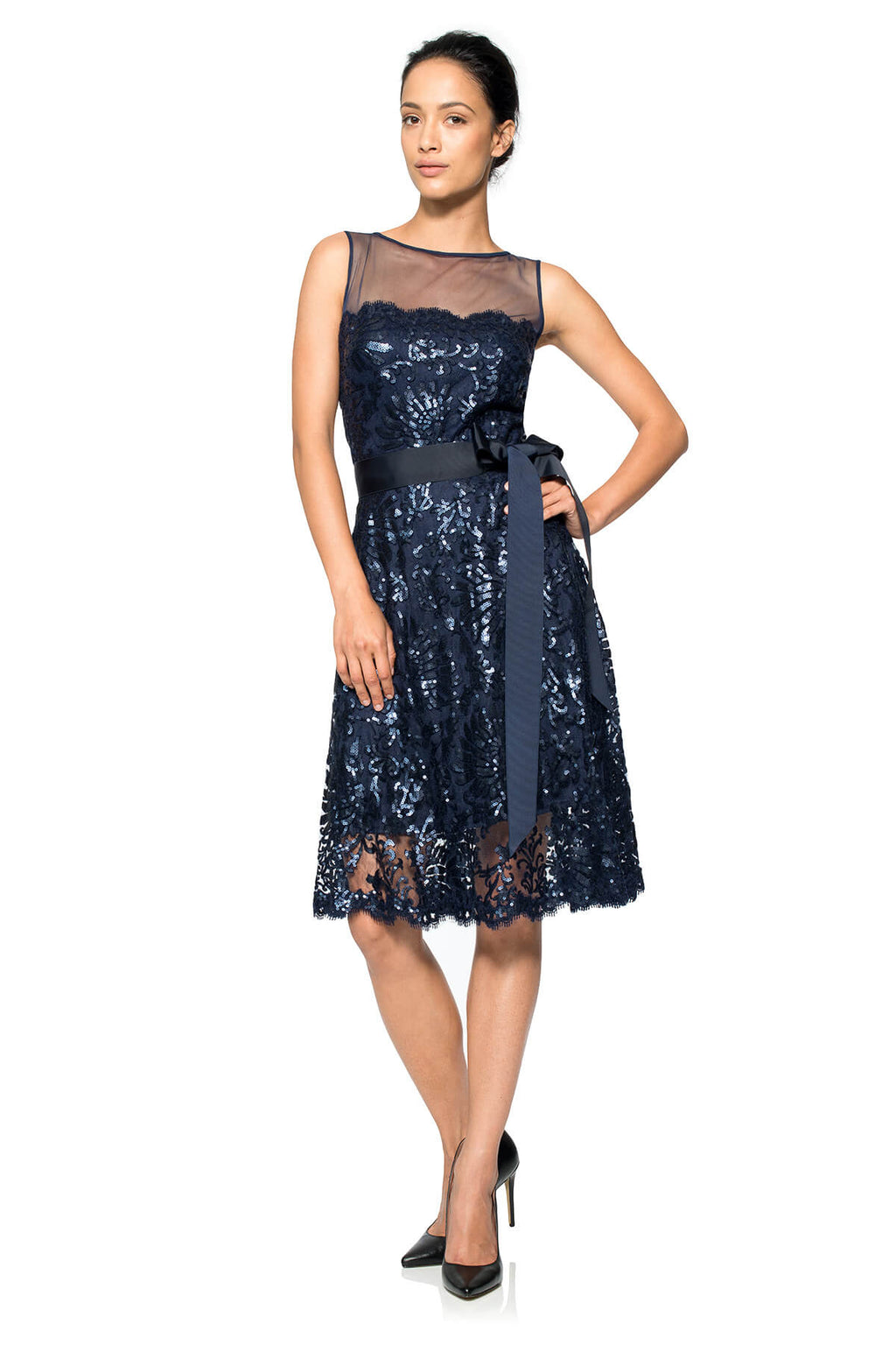 Mesh Illusion Paillette Embroidered Dress