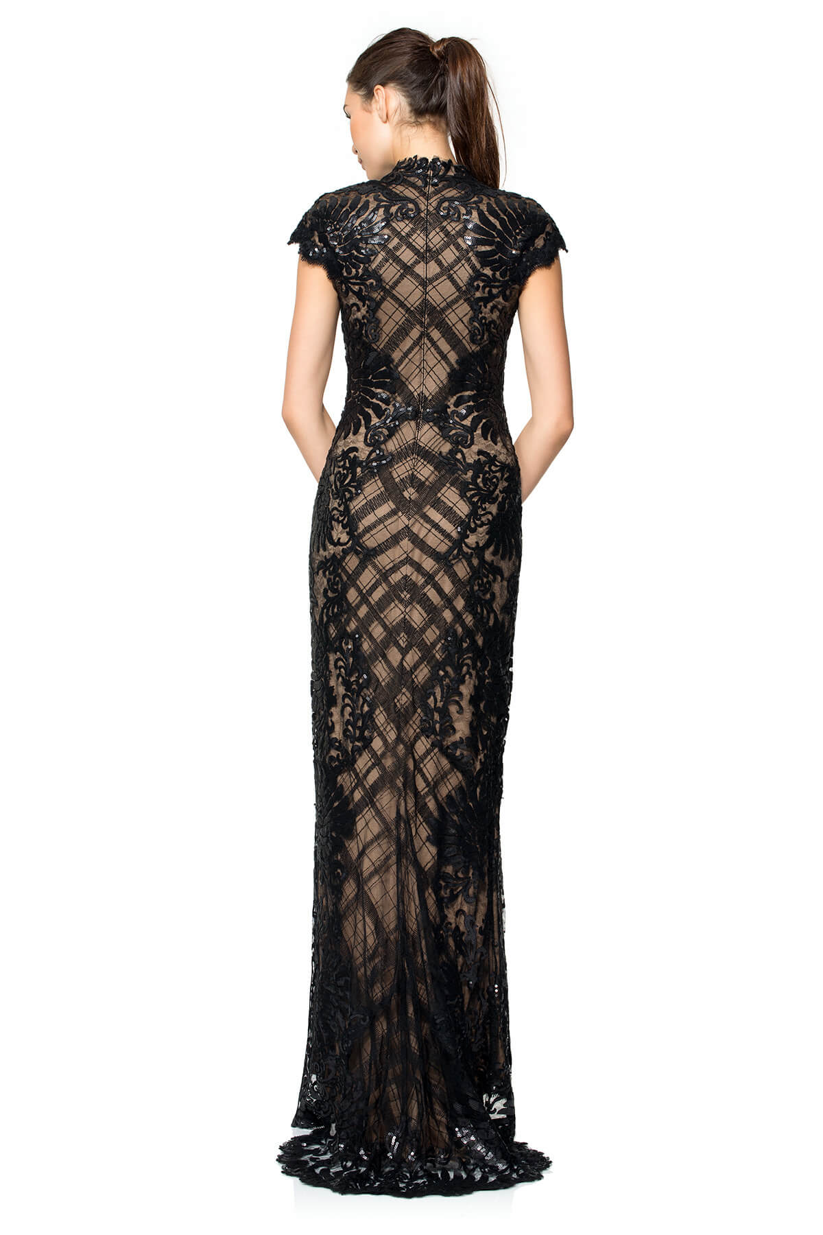 Paillette Embroidered Lace and Tulle Cap Sleeve Gown