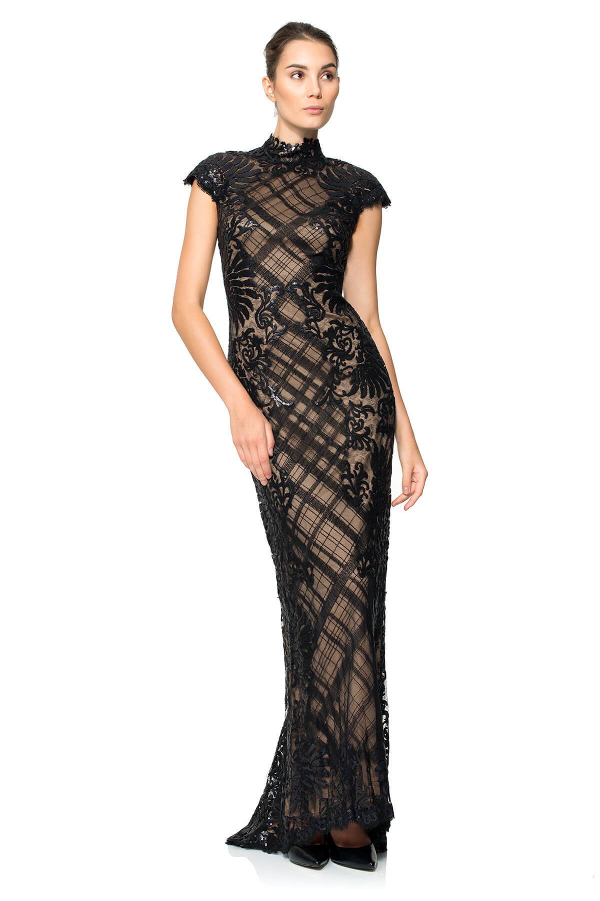 Paillette Embroidered Lace and Tulle Cap Sleeve Gown