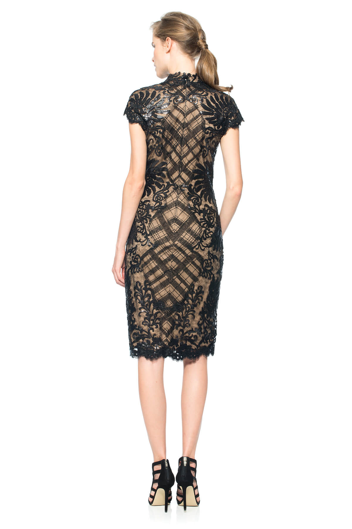 Paillette Embroidered Lace and Tulle Cap Sleeve Dress