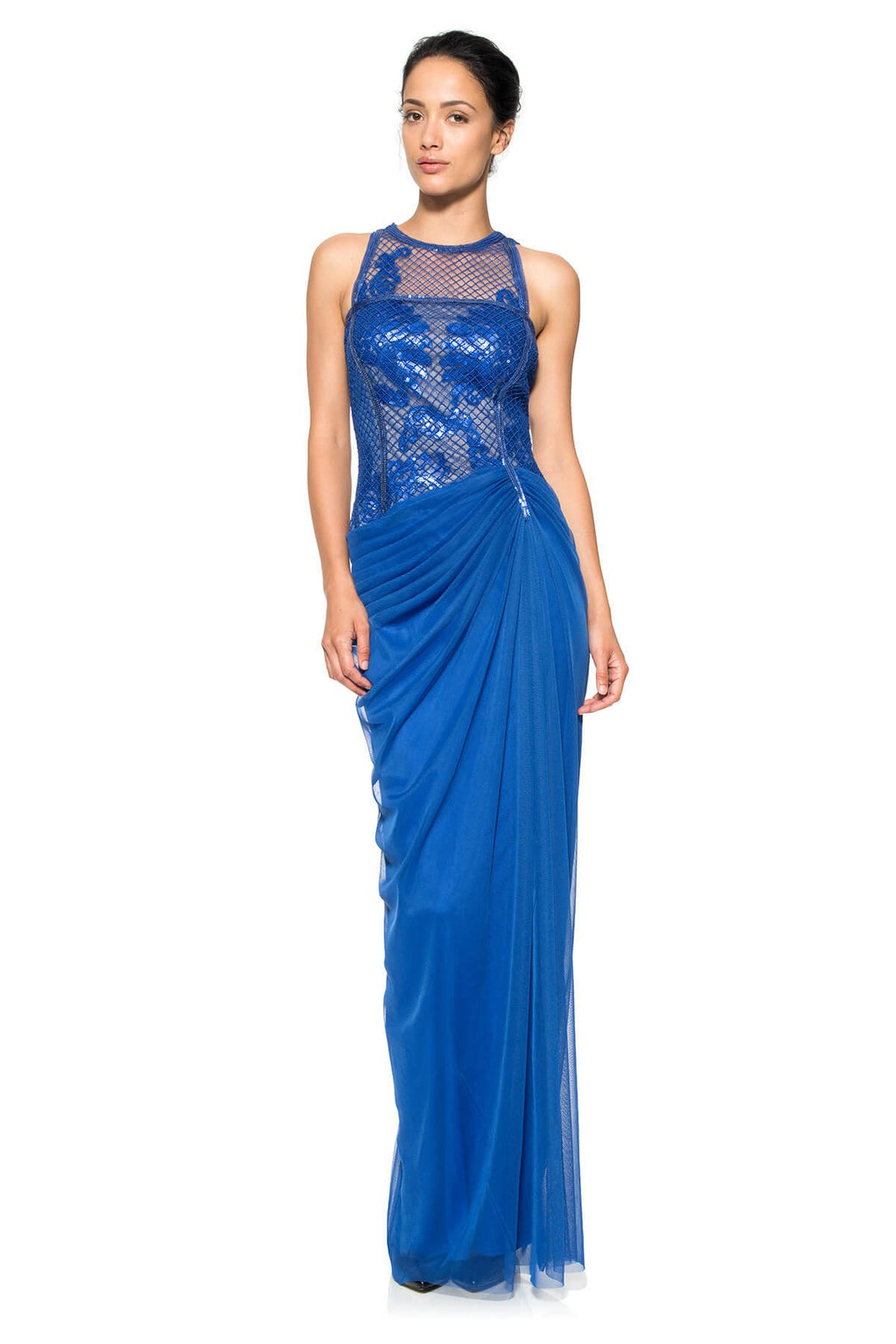 Grid Corded Tulle Draped Chiffon Gown