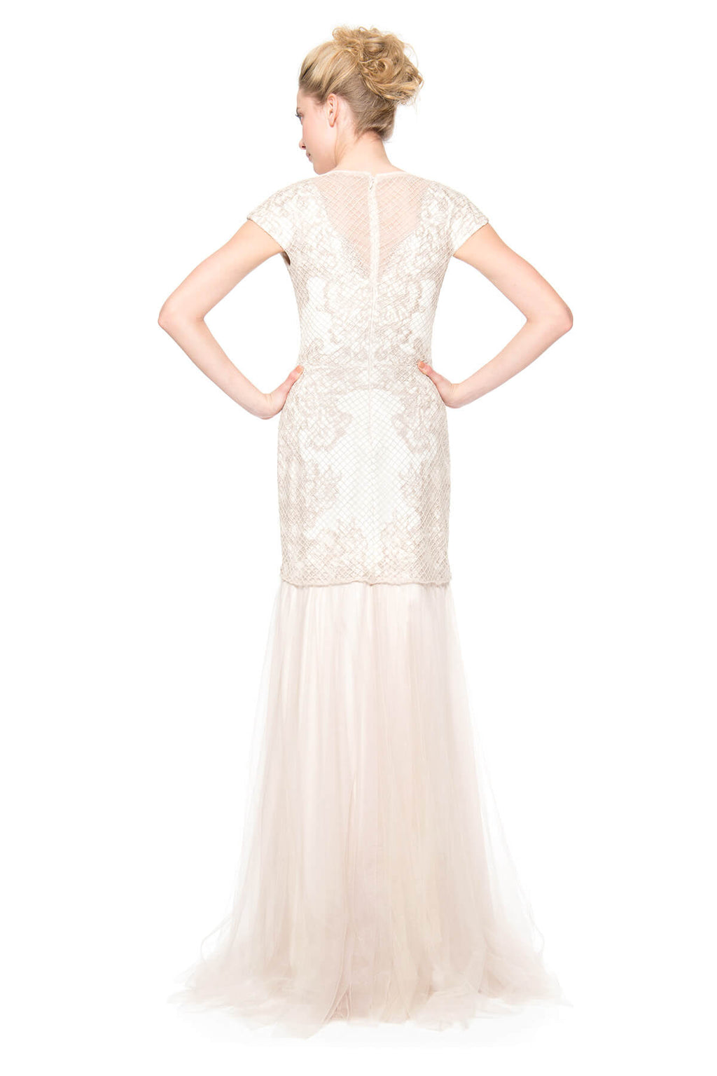 Grid Corded Tulle Cap Sleeve Gown