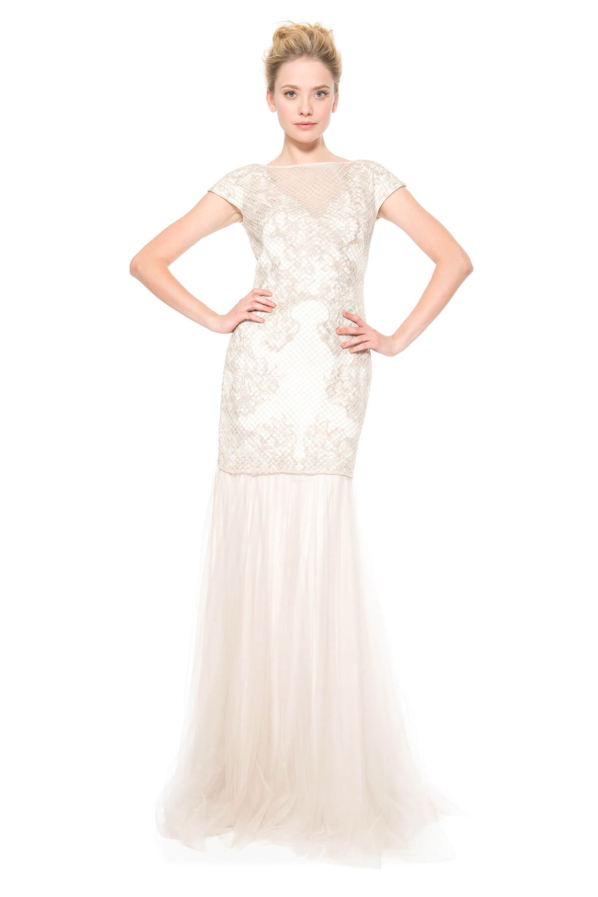 Grid Corded Tulle Cap Sleeve Gown