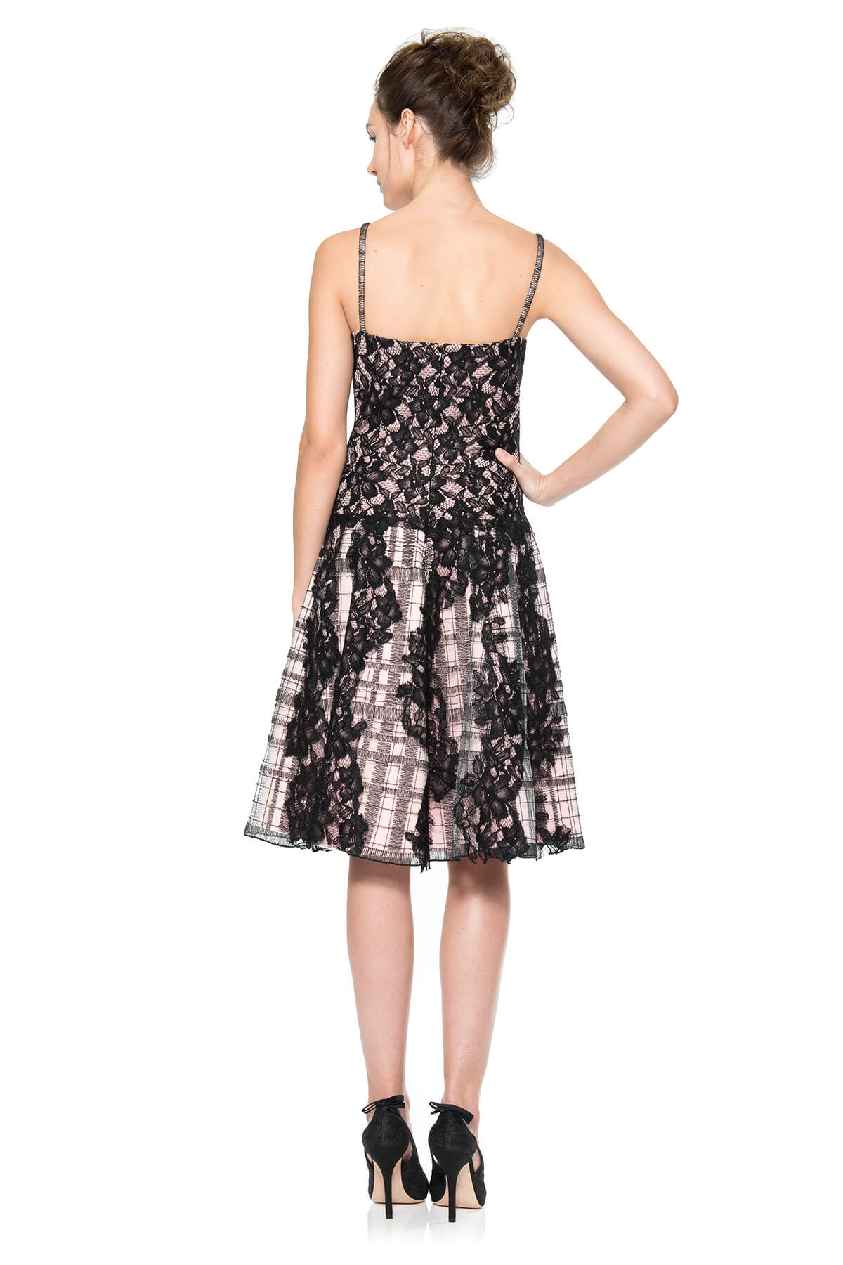 Neoprene Square Neckline Dress with Embroidered Tulle Overlay