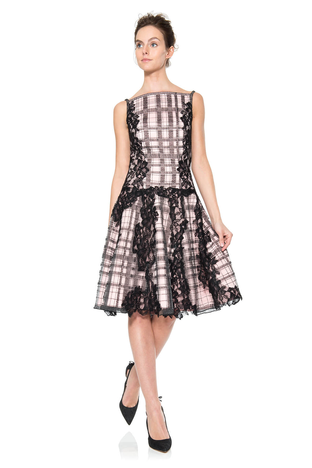 Neoprene Square Neckline Dress with Embroidered Tulle Overlay