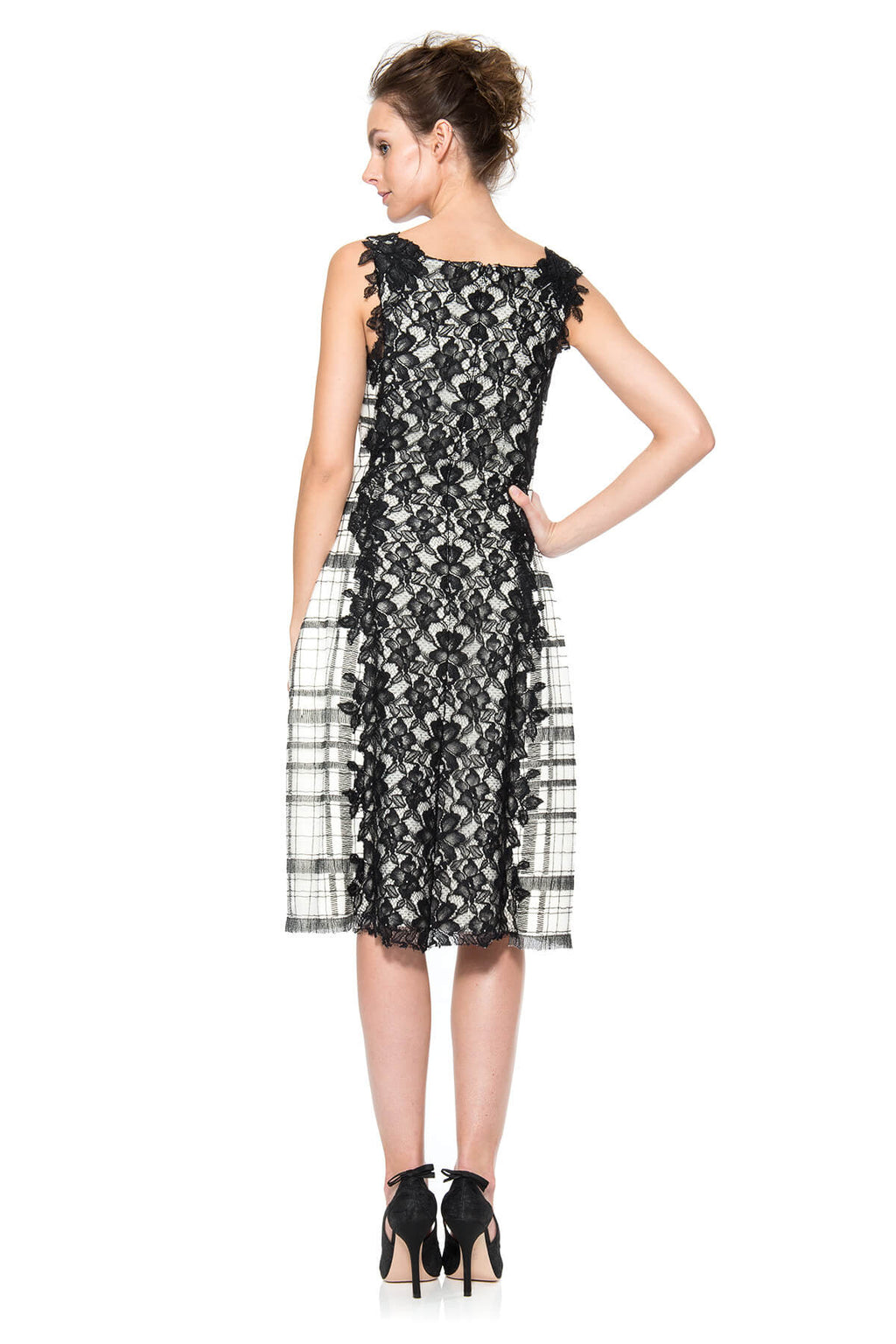 Neoprene Bell Dress with Embroidered Tulle Overlay