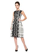 Neoprene Bell Dress with Embroidered Tulle Overlay