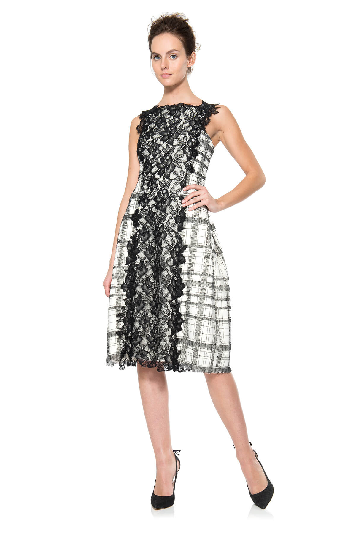 Neoprene Bell Dress with Embroidered Tulle Overlay