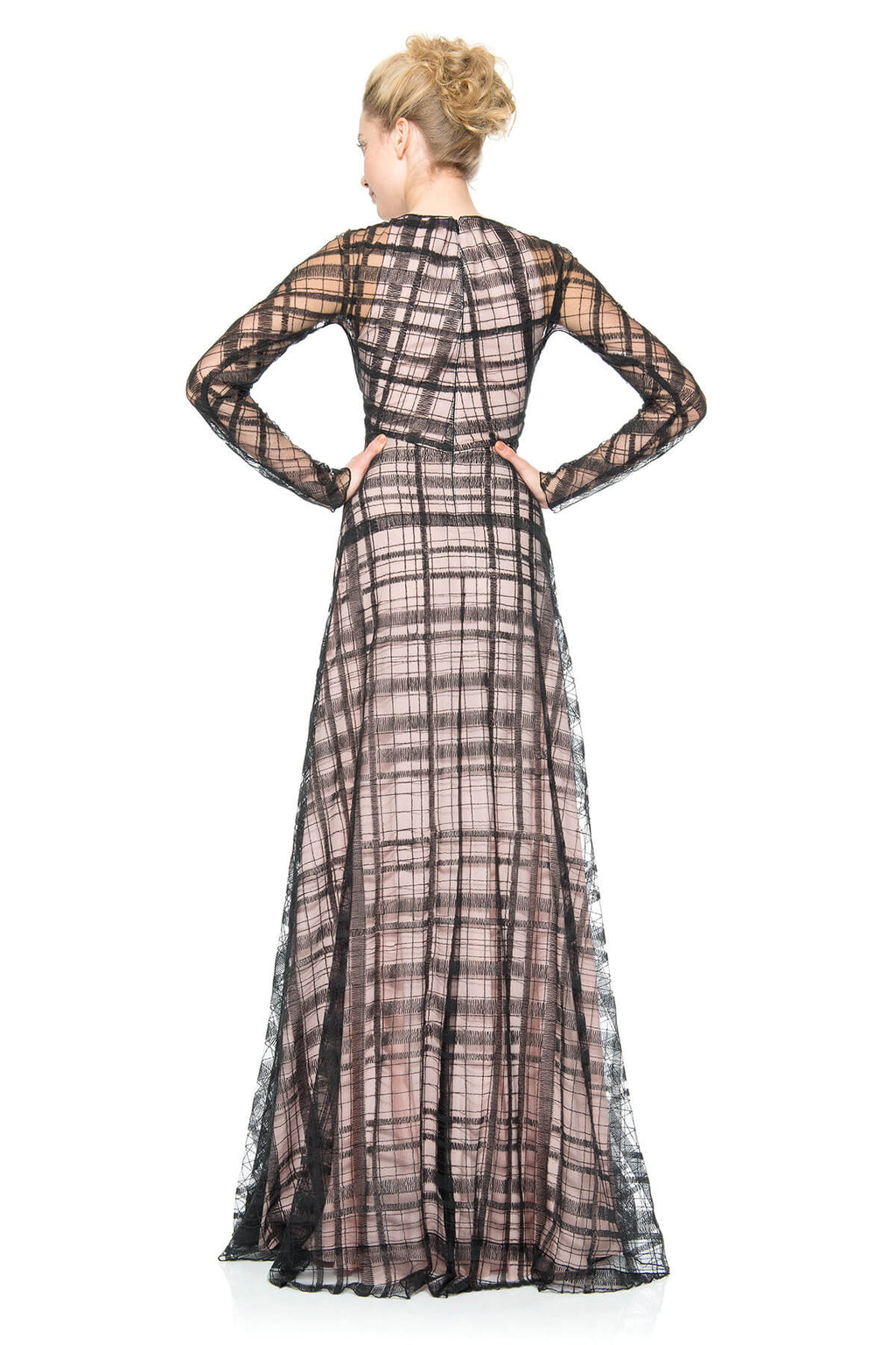 Embroidered Tulle Long Illusion Sleeve Gown
