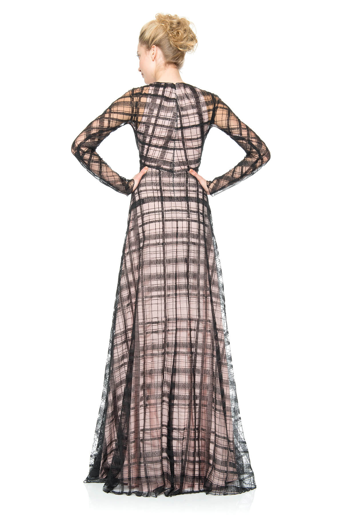 Embroidered Tulle Long Illusion Sleeve Gown