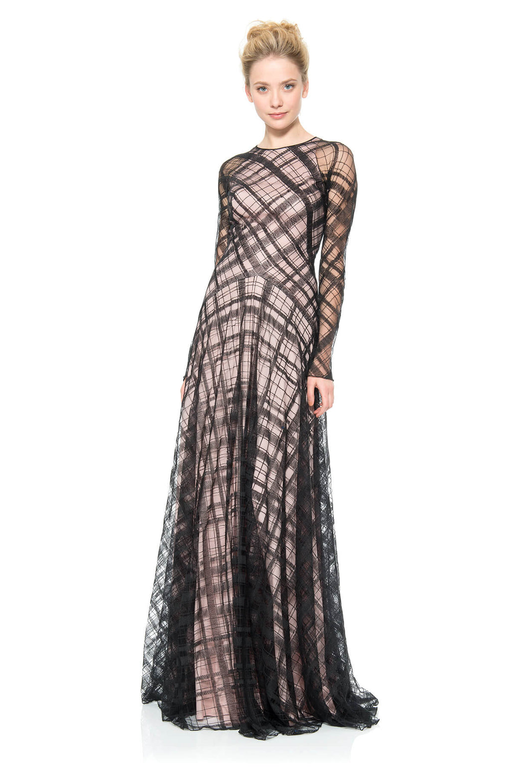 Embroidered Tulle Long Illusion Sleeve Gown