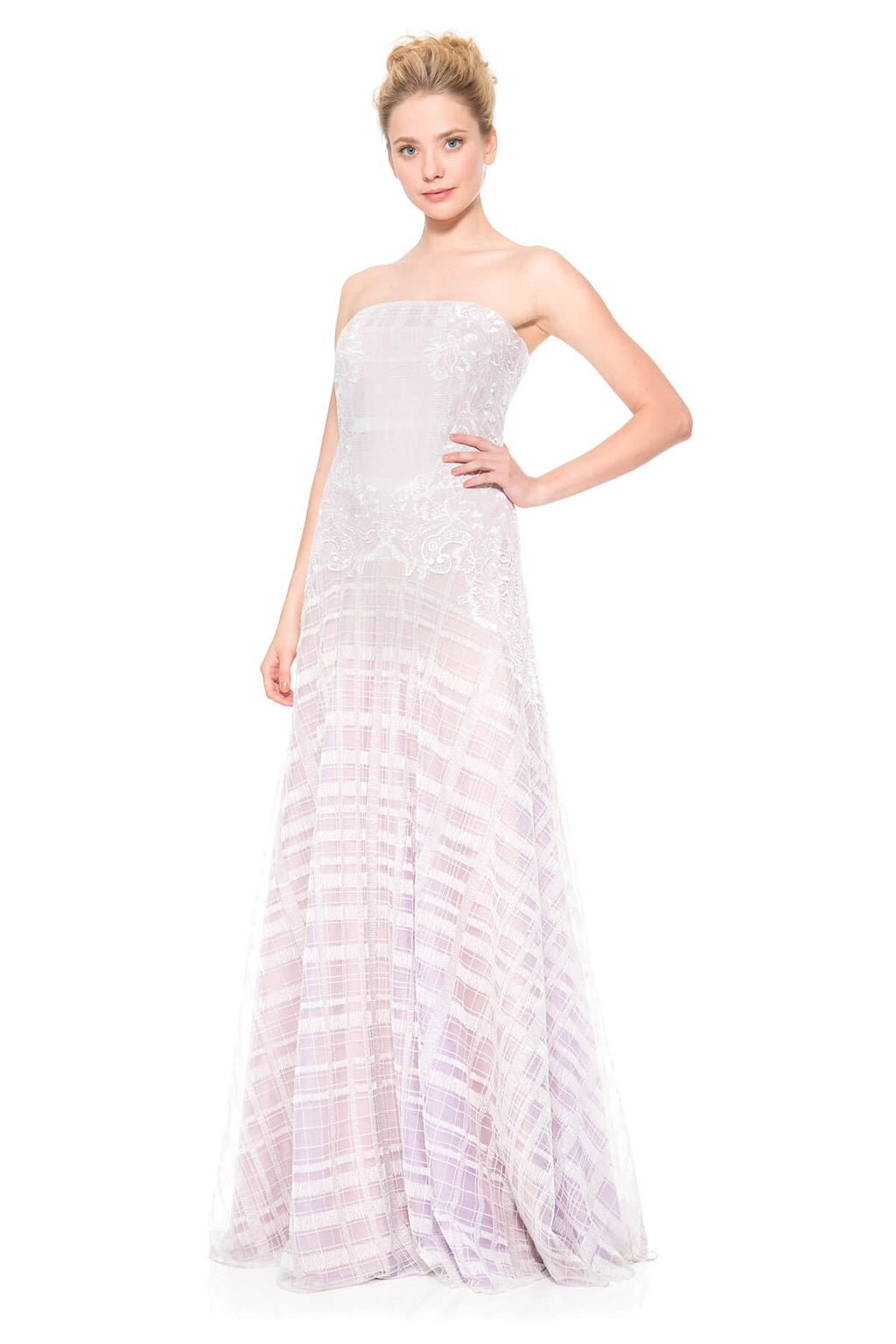 Embroidered Tulle Strapless Gown