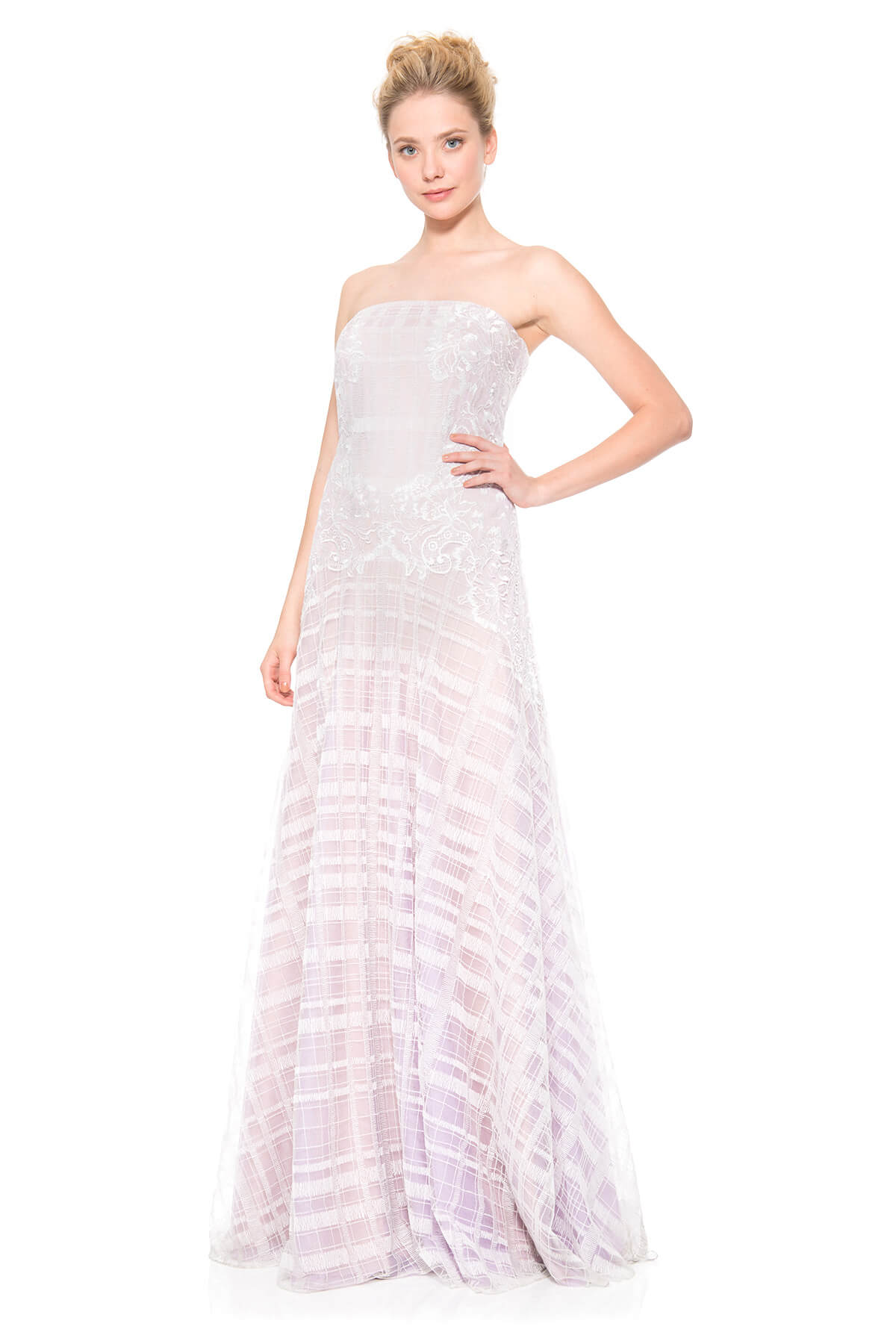Embroidered Tulle Strapless Gown