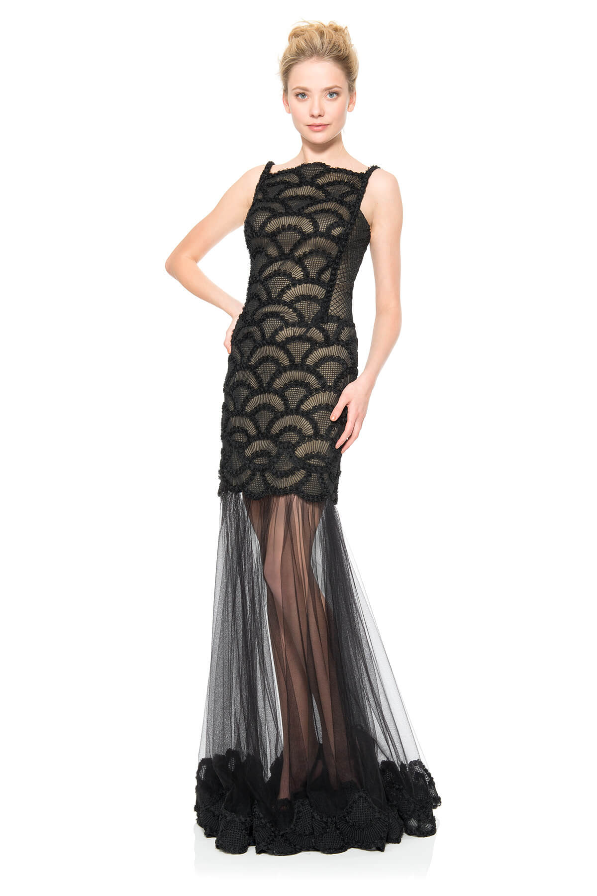 Rosette Scallop and Corded Tulle Gown