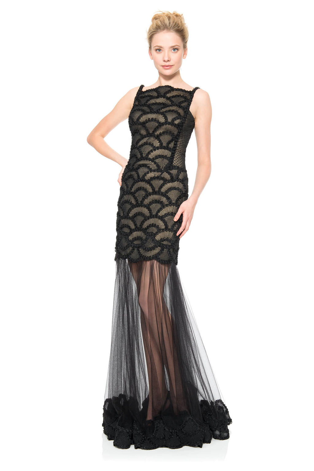 Rosette Scallop and Corded Tulle Gown