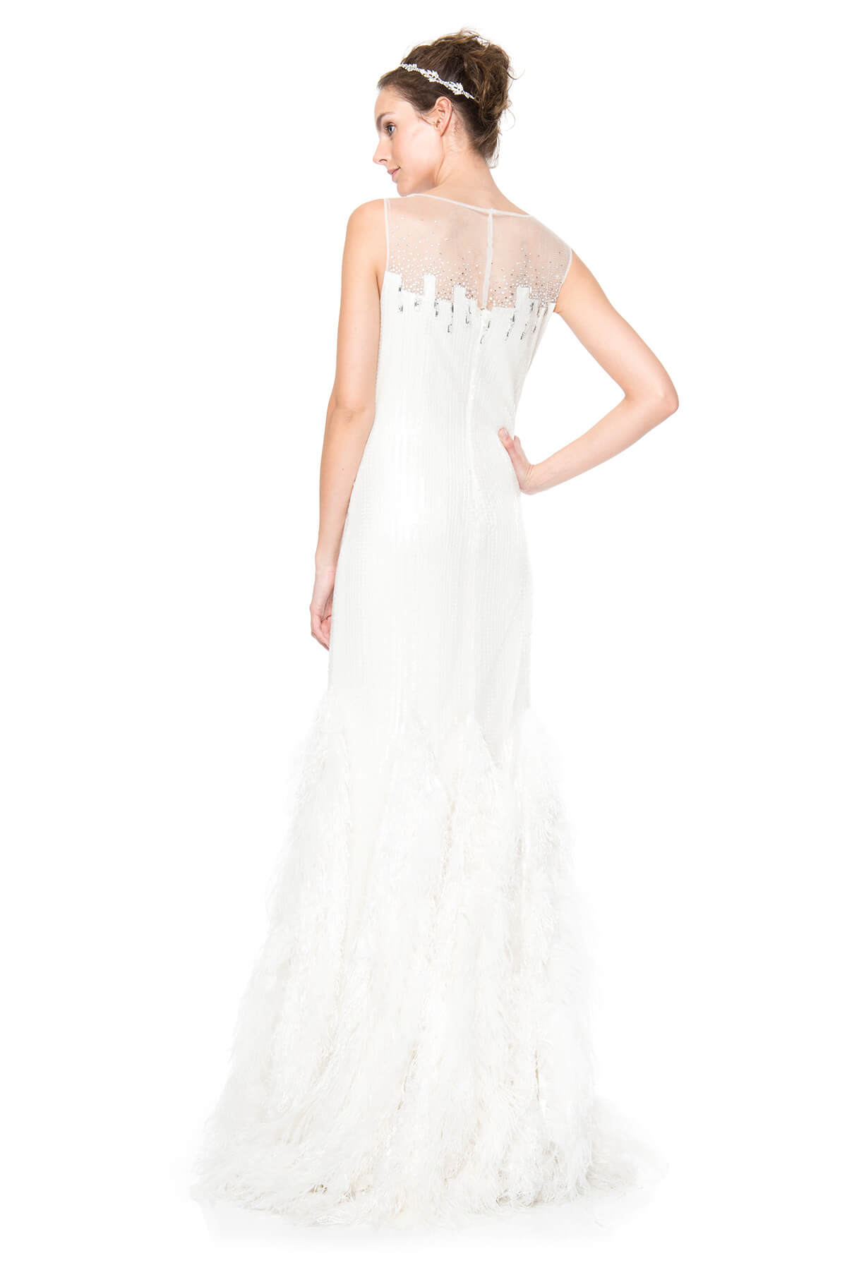 Embellished Sequin and Feather Fringe Gown