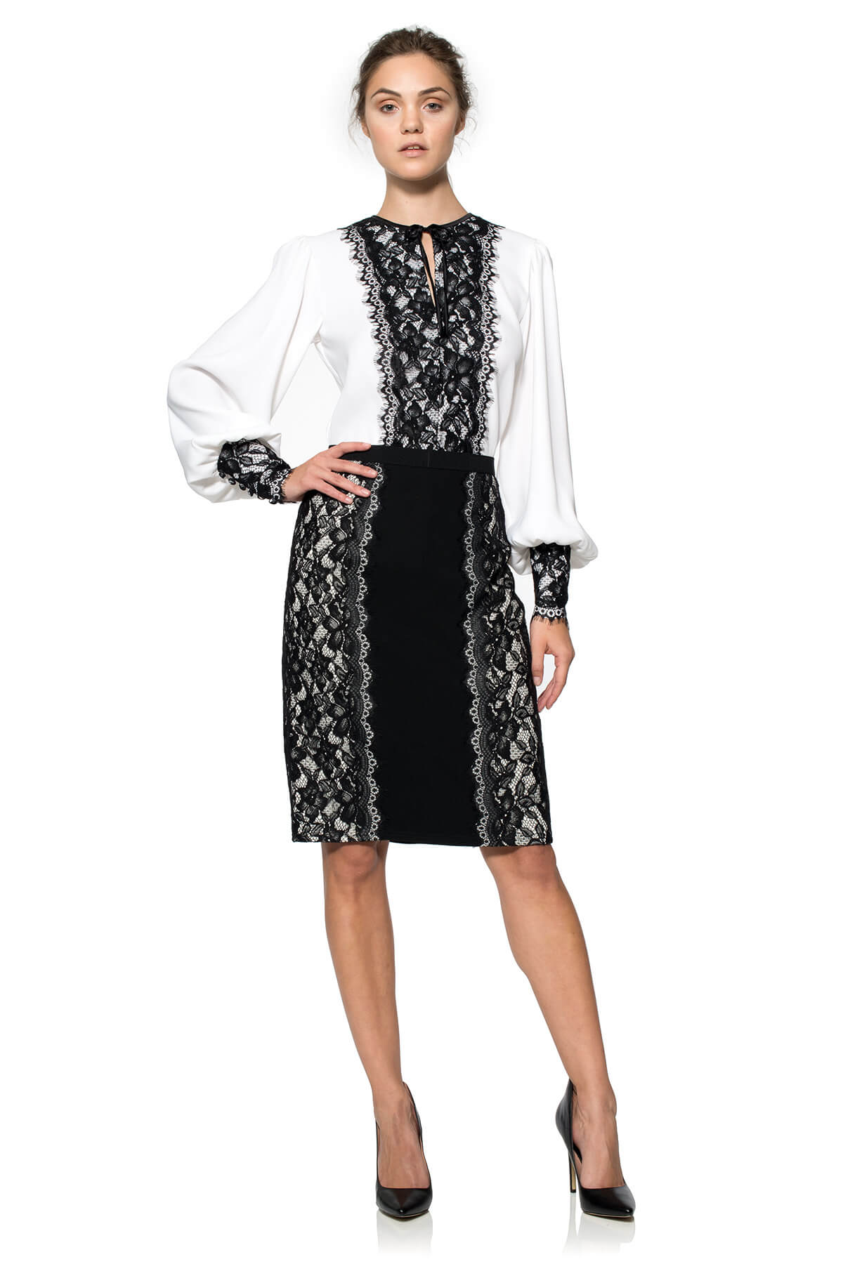 Lace on Crepe Long Sleeve Blouse