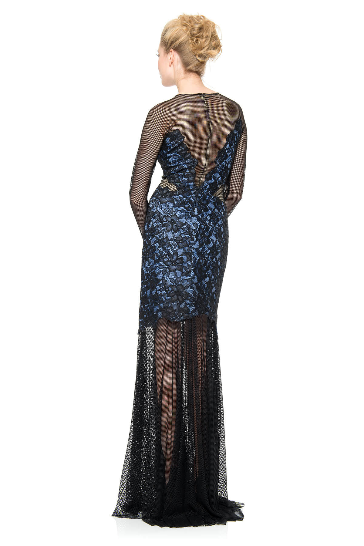 Mesh and Lace Applique Long Sleeve Gown