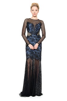 Mesh and Lace Applique Long Sleeve Gown