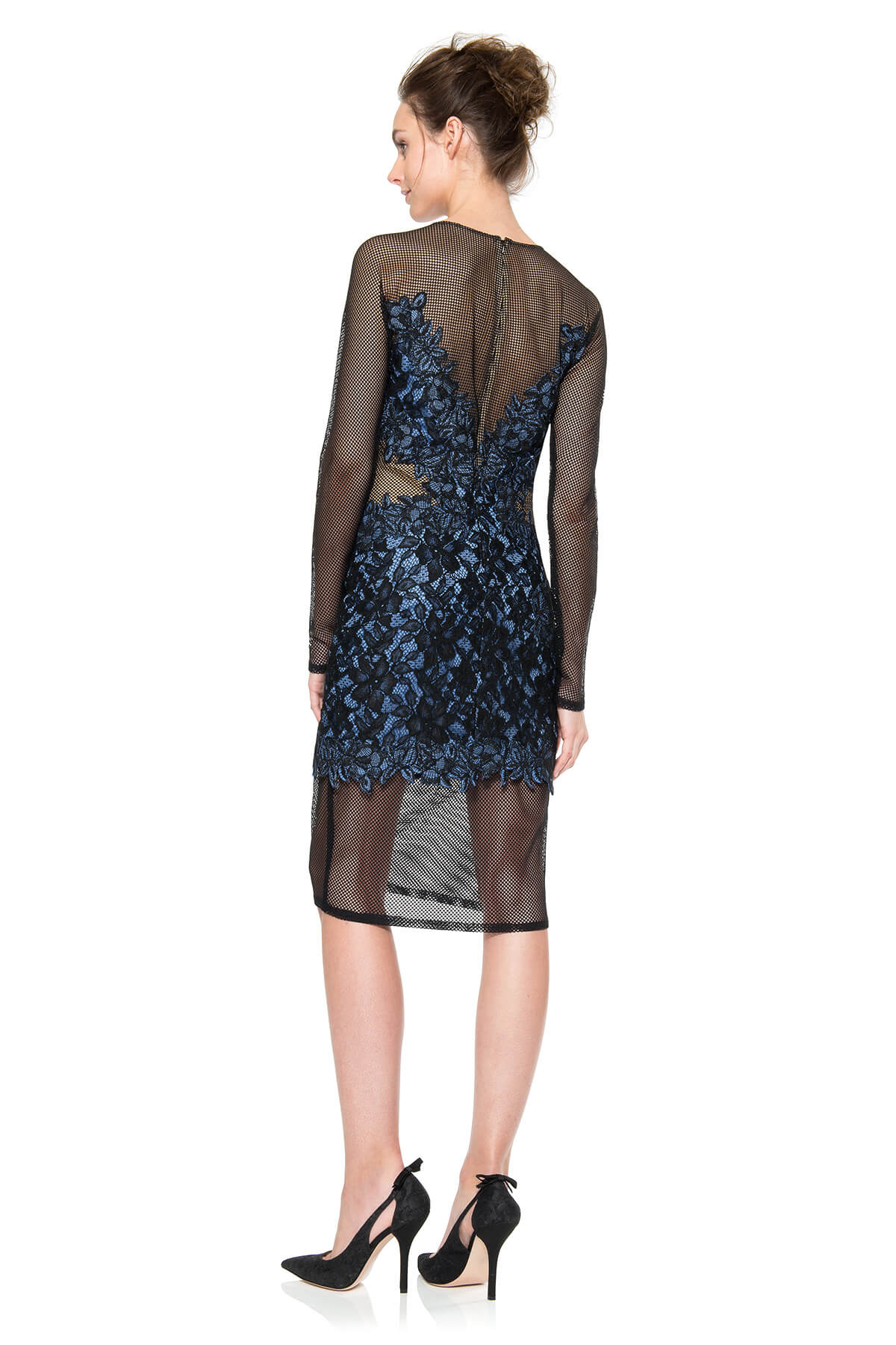 Mesh and Lace Applique Long Sleeve Dress