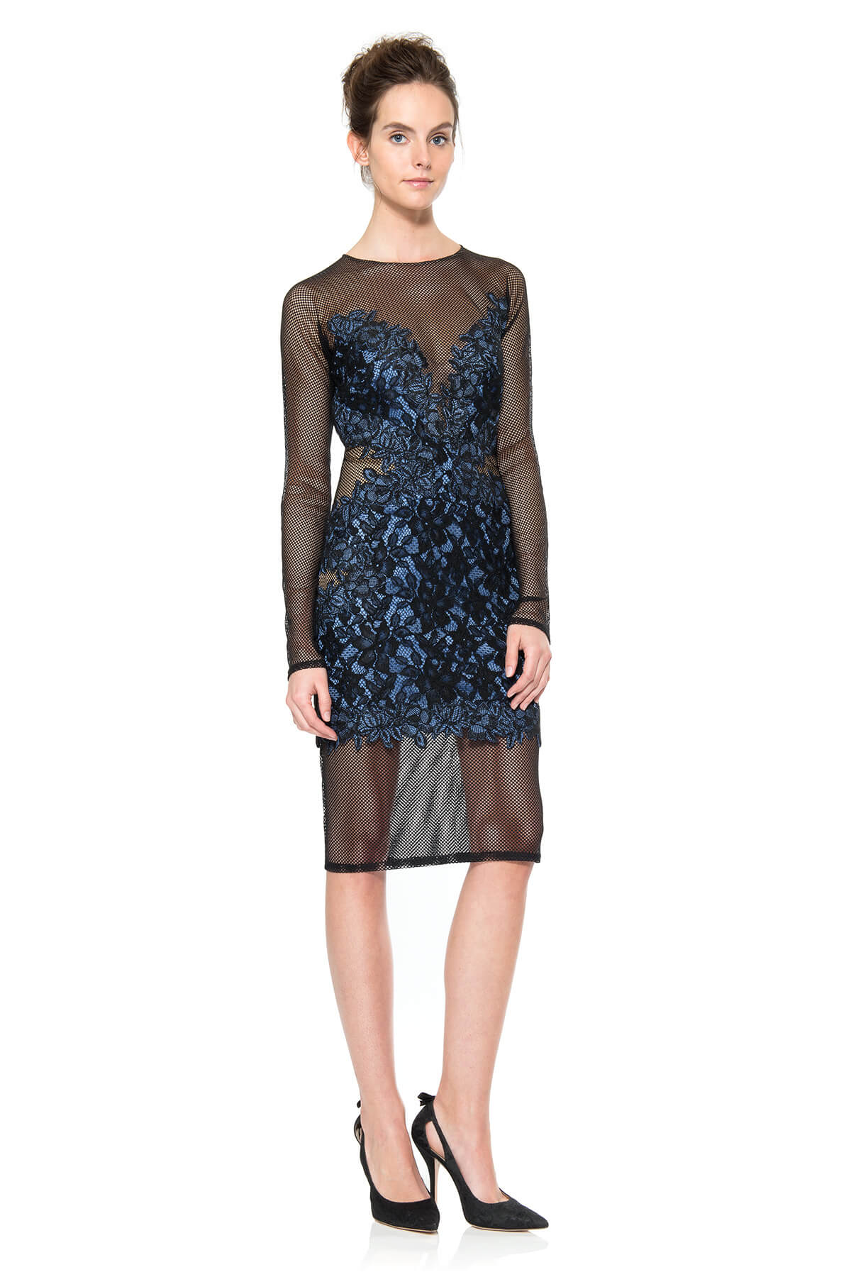 Mesh and Lace Applique Long Sleeve Dress
