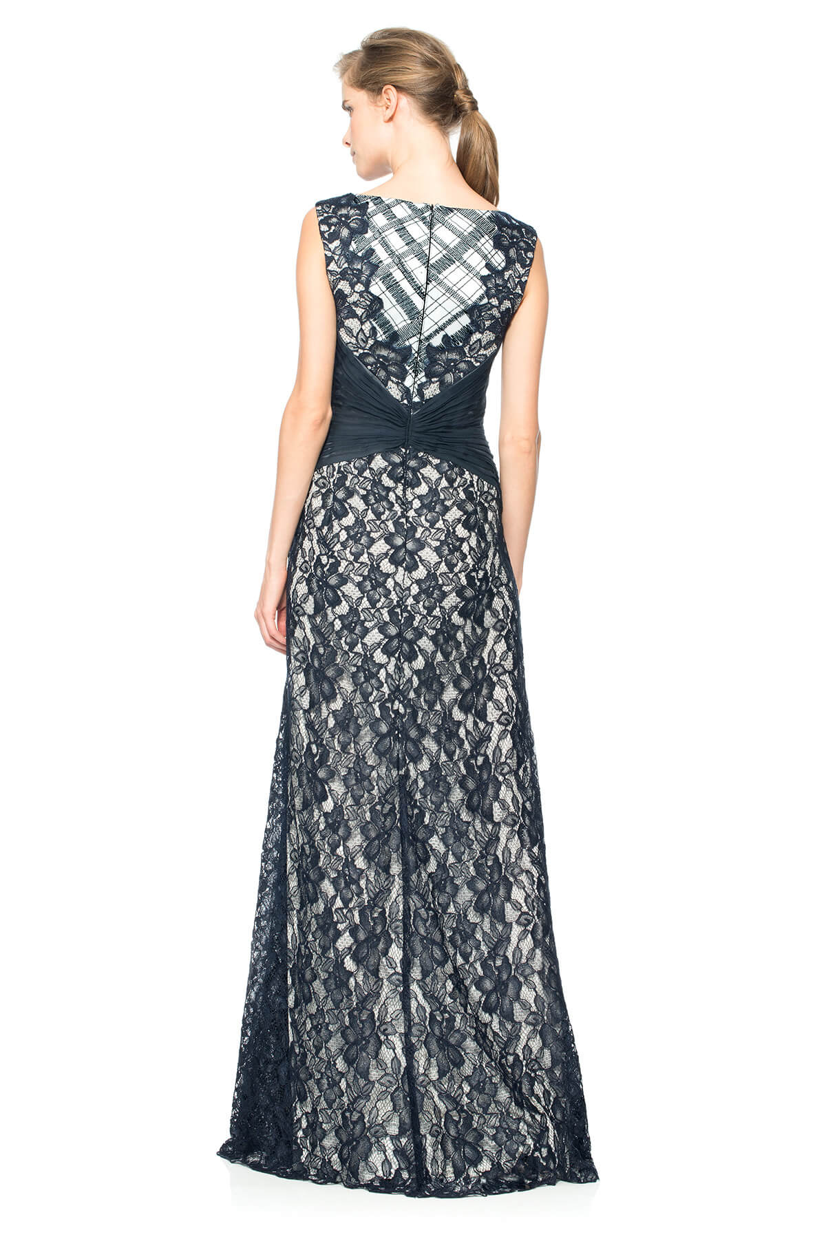 Embroidered Tulle and Pleated Tulle Boatneck Gown