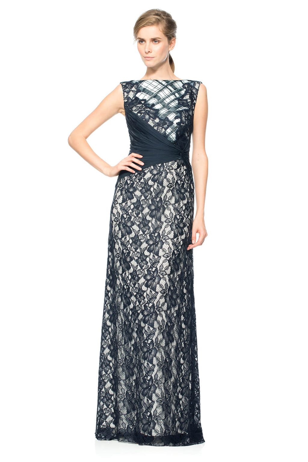 Embroidered Tulle and Pleated Tulle Boatneck Gown