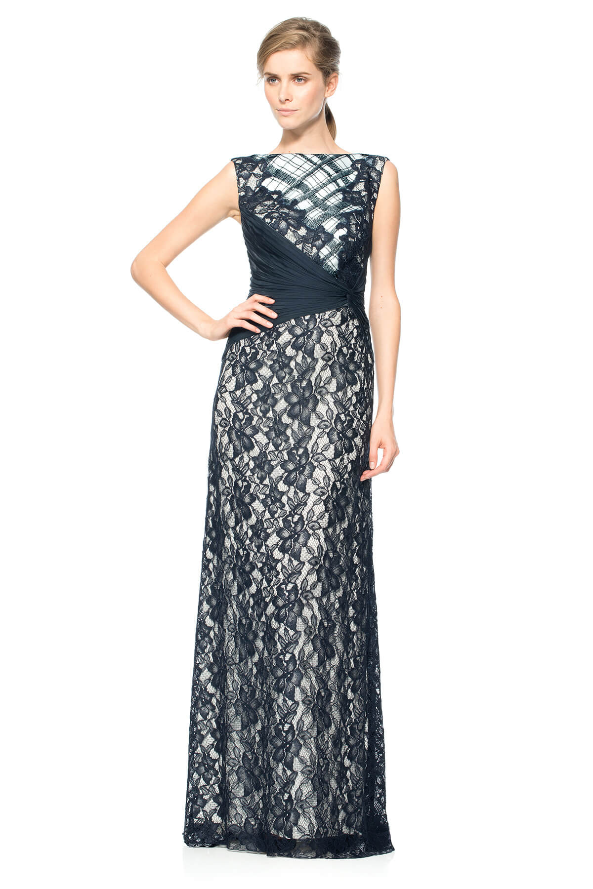 Embroidered Tulle and Pleated Tulle Boatneck Gown