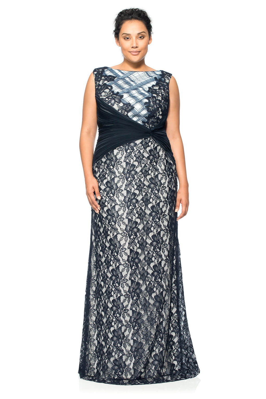 Embroidered Tulle and Pleated Tulle Boatneck Gown - PLUS SIZE