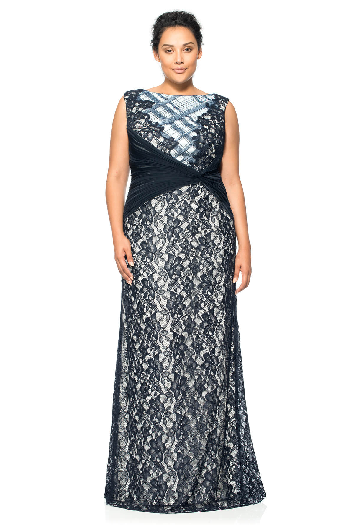 Embroidered Tulle and Pleated Tulle Boatneck Gown - PLUS SIZE