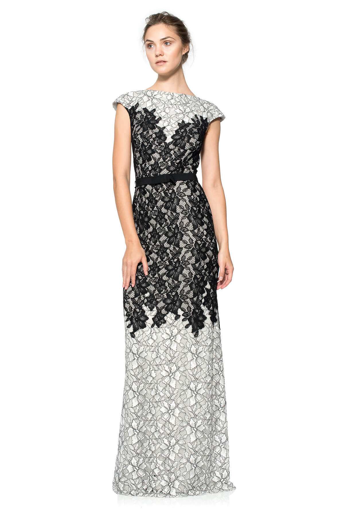 Contrast Lace on Georgette Cap Sleeve Gown