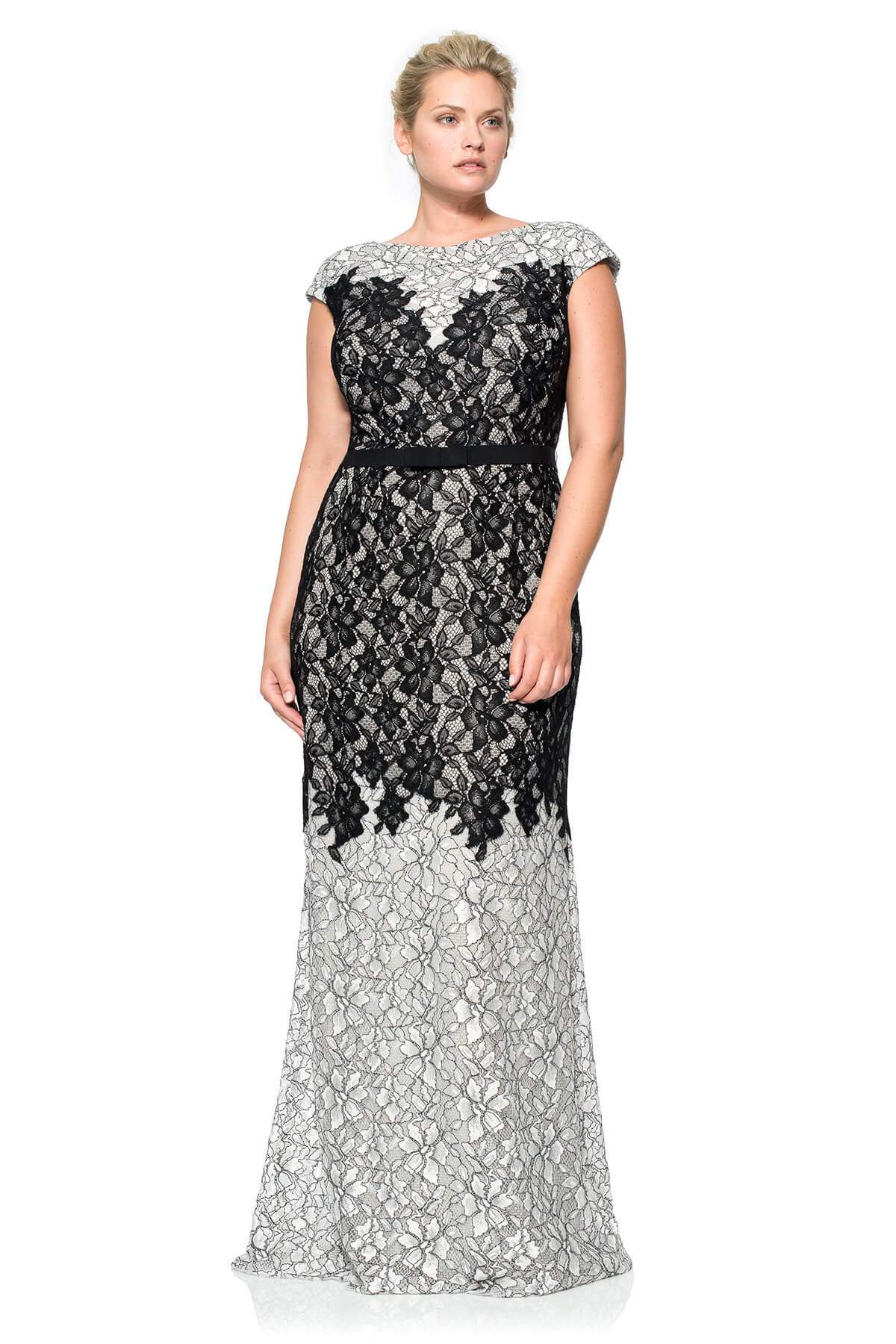 Contrast Lace on Georgette Cap Sleeve Gown