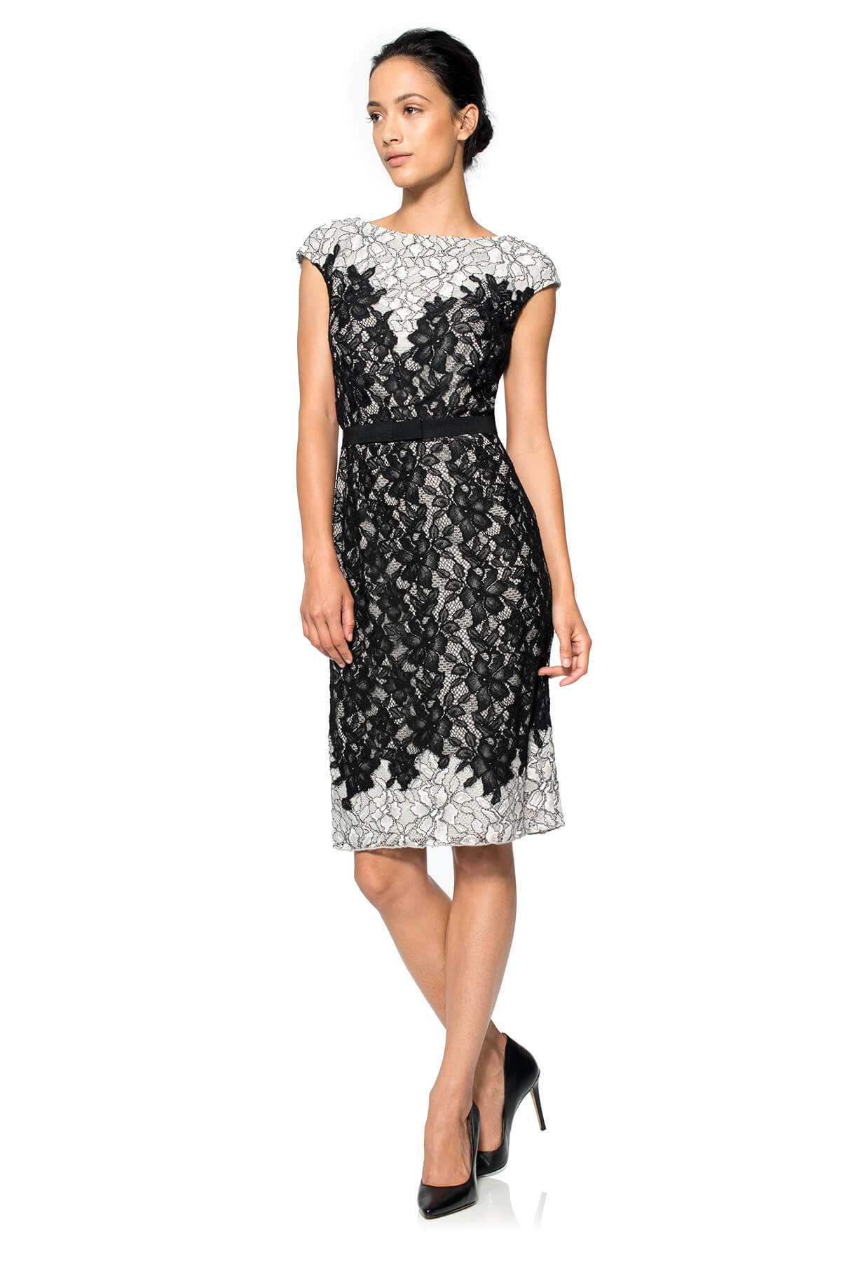 Contrast Lace on Georgette Cap Sleeve Dress