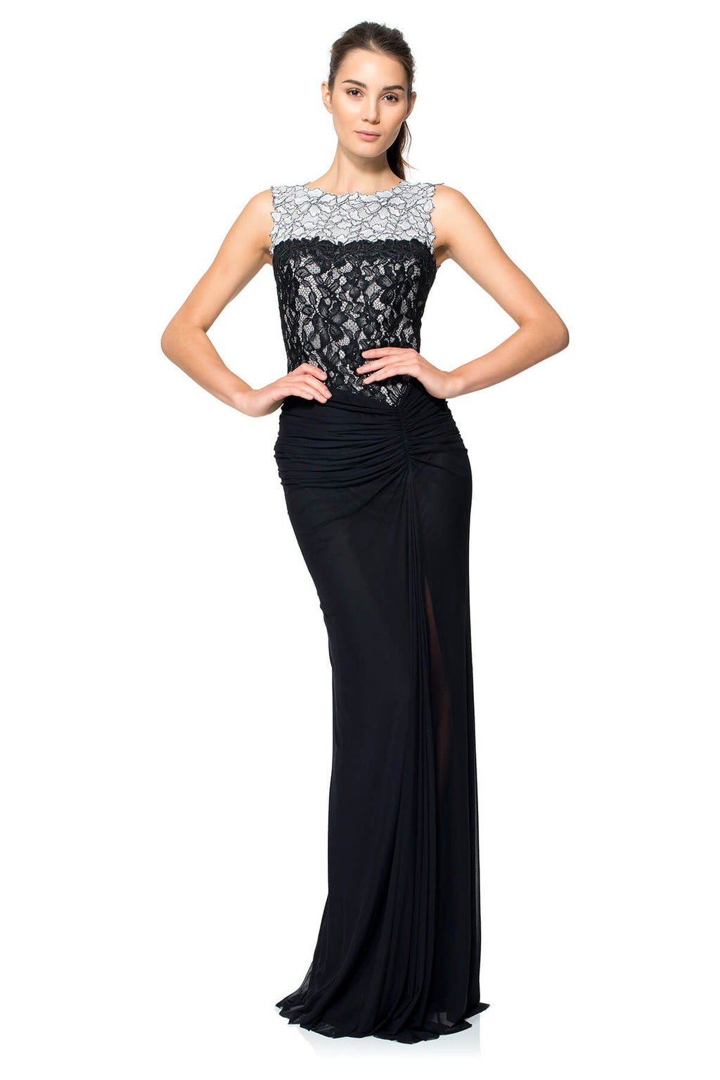 Lace and Draped Tulle Boatneck Gown