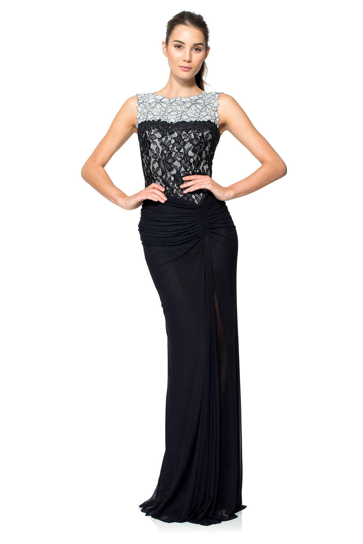 Lace and Draped Tulle Boatneck Gown