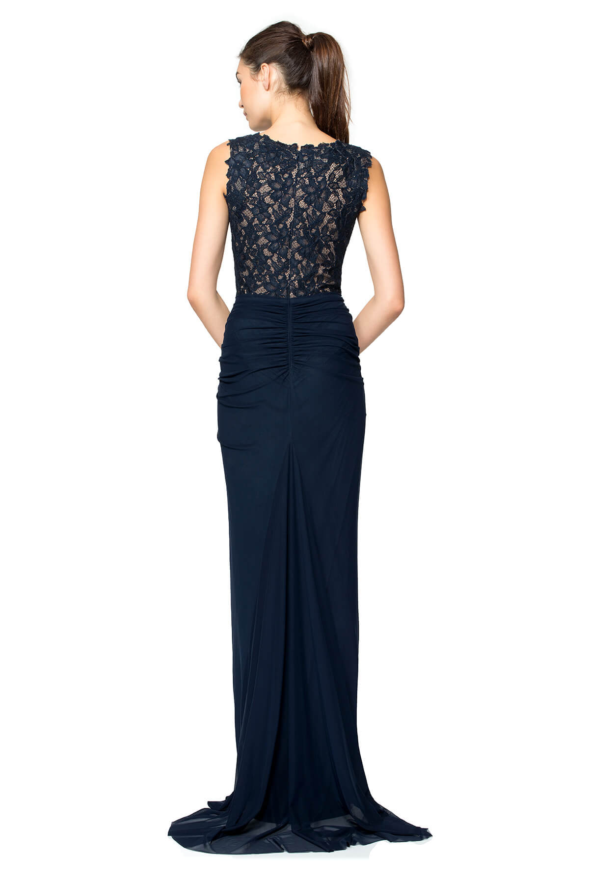 Tadashi Shoji - Lace and Draped Tulle Boatneck Gown