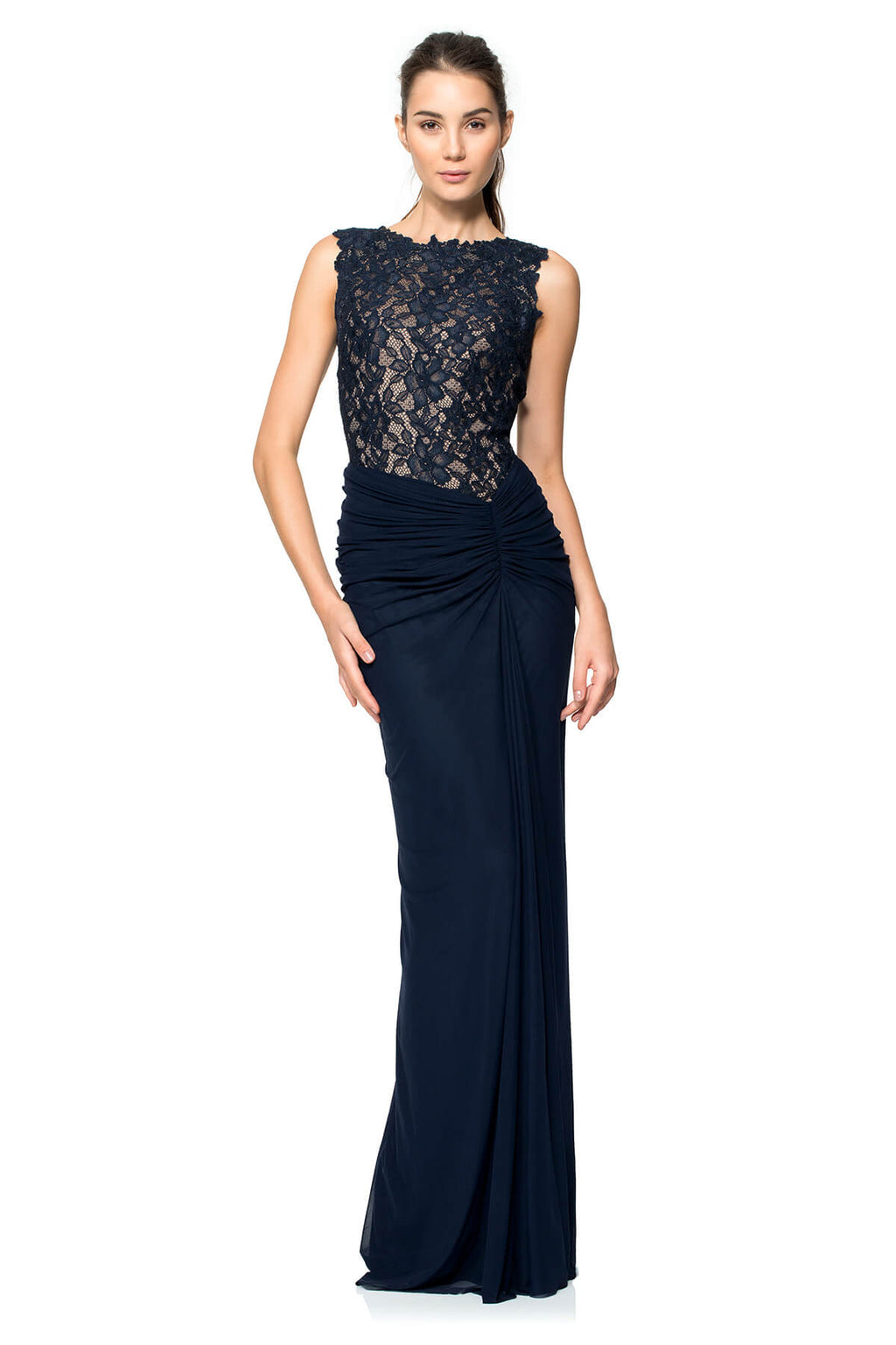 Tadashi Shoji - Lace and Draped Tulle Boatneck Gown